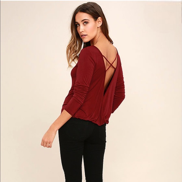 Lulu’s In A Day Burgundy Backless Long Sleeve Top Sz S - Picture 1 of 14
